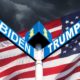 US presidential race The names of Presidents Donald Trump and Joe Biden on the roadside sign on the background of the American flag and a stormy sky-Campaign Donations-ss-featured