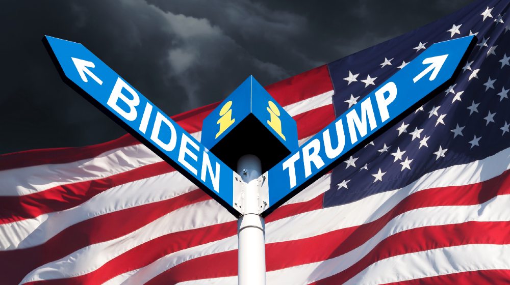 US presidential race The names of Presidents Donald Trump and Joe Biden on the roadside sign on the background of the American flag and a stormy sky-Campaign Donations-ss-featured