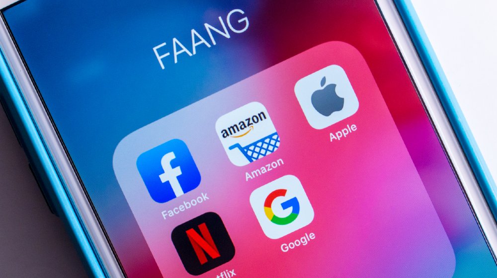 FAANG Big Tech icons (Facebook, Amazon, Apple, Netflix & Google) on iPhone screen-FAANG Stocks-ss-featured