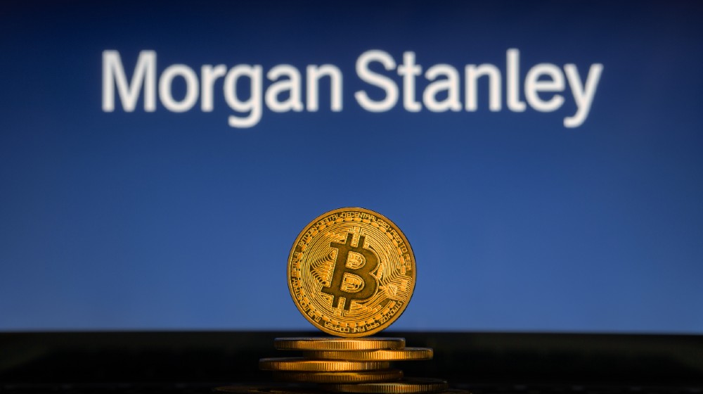 Bitcoin on a stack of coins with Morgan Stanley-Morgan Stanley-ss-featured