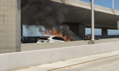 Freeway accident with Fire Damage on Toyota Corolla Prius Electric vehicle on San Francisco Bay Bridge | Regulators Warn Firefighters On Electric Vehicle Fires | featured