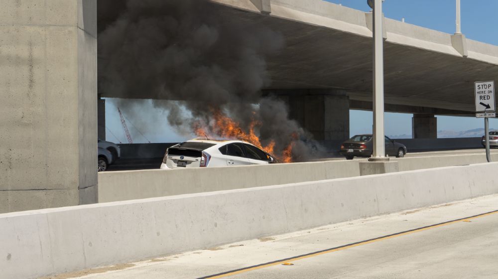 Freeway accident with Fire Damage on Toyota Corolla Prius Electric vehicle on San Francisco Bay Bridge | Regulators Warn Firefighters On Electric Vehicle Fires | featured