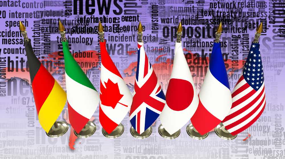 G7 flags on rack Countries of members Group of seven summit meeting G 7 leaders unity organization