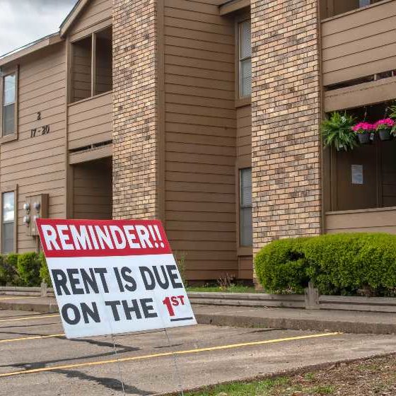 Despite the covid 19 pandemic shutdown, a sign in the parking lot of an apartment complex reminds renters that Rent is due on the 1st | Supreme Court Rejects Biden’s New Eviction Moratorium | featured