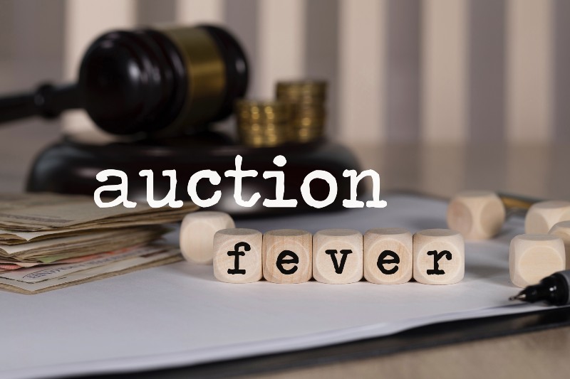 Words AUCTION FEVER composed of wooden dices-AUCTION FEVER