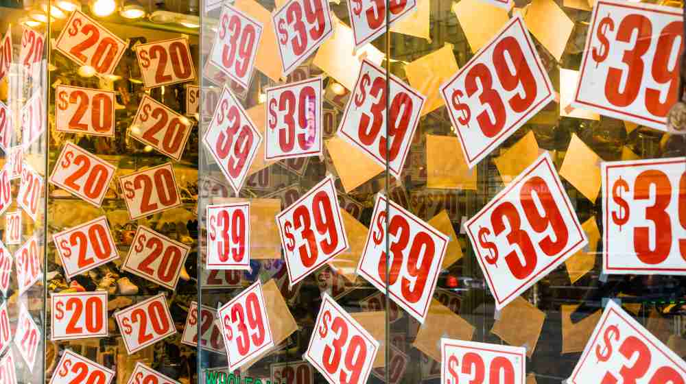 A pattern of price tags of a sale in a store in New York City | Wholesale Prices Rise 9.6%, The Highest Increase On Record | featured