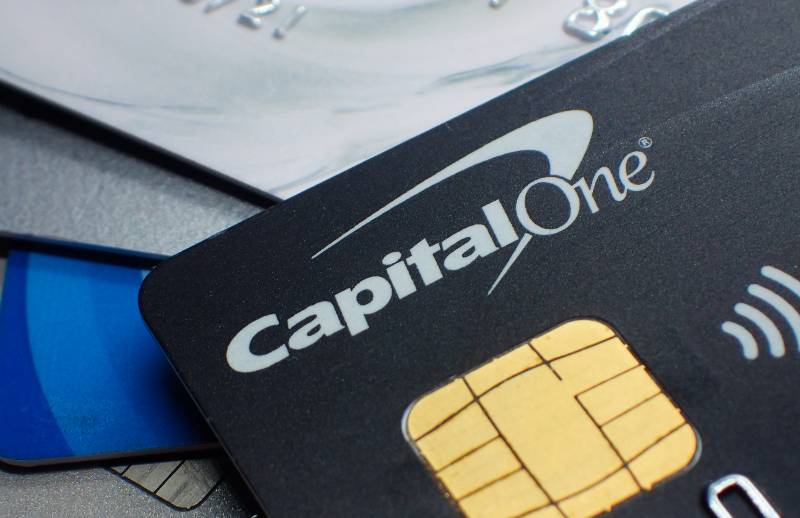 Close up of a capital one credit debit loan finance wireless contactless bank card and chip | Capital One