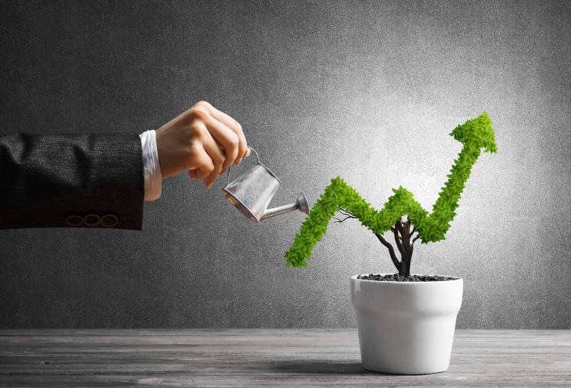 Hand of woman watering small plant in pot shaped like growing graph | Best Growth Stocks for 2022