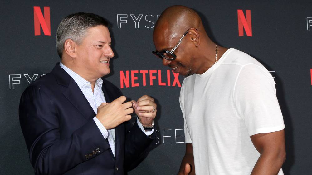 Ted Sarandos, Dave Chappelle at the Netflix FYSEE Kick-Off Event | Dave Chappelle Returns To Netflix, Unfazed By Attempts To Cancel Him | featured