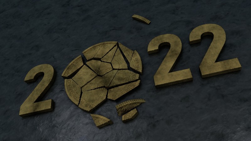 tarnished date of the 2022 New Year with a broken bitcoin coin | Market Crash