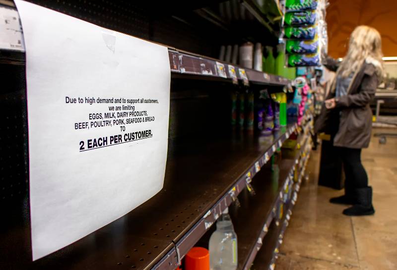 Coronavirus related sign rationing food at a supermarket with shopper in the distance | US Food Supply Under Attack By Omicron Variant, Many Workers Out Sick