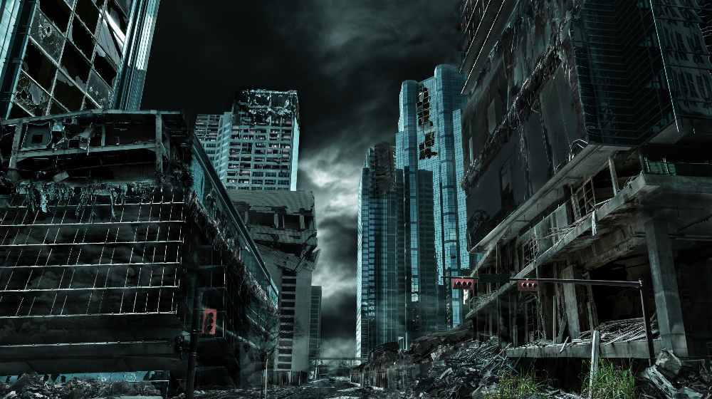 Detailed destruction of fictitious city with debris and collapsing structures | Will Society Collapse in 2040? Society Collapse 2040 – The Reality of Our Societal Decline | featured