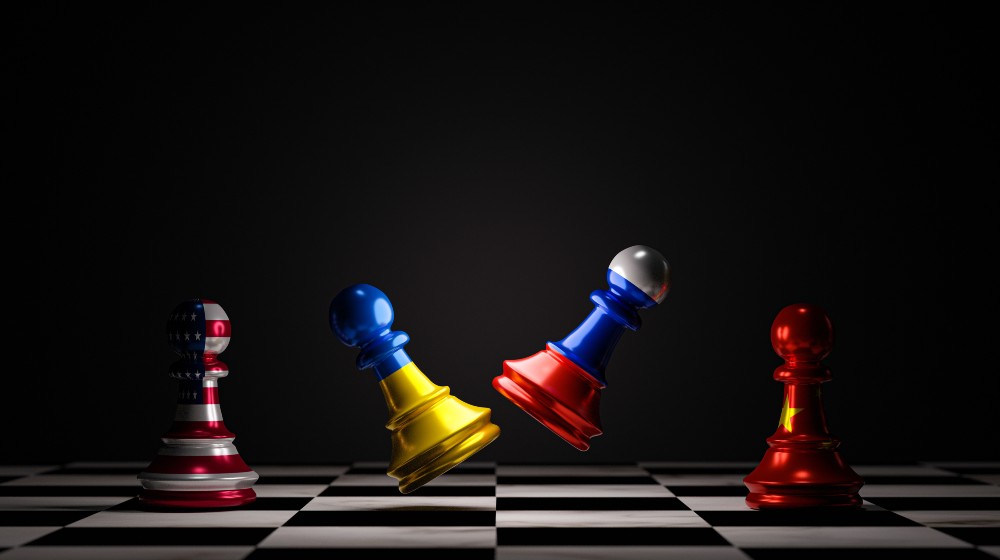 Battle pawn chess between Russia and Ukraine with USA and China chess standing for both countries political conflict and war | Don’t Help Russia Evade Sanctions, US Warns China | featured