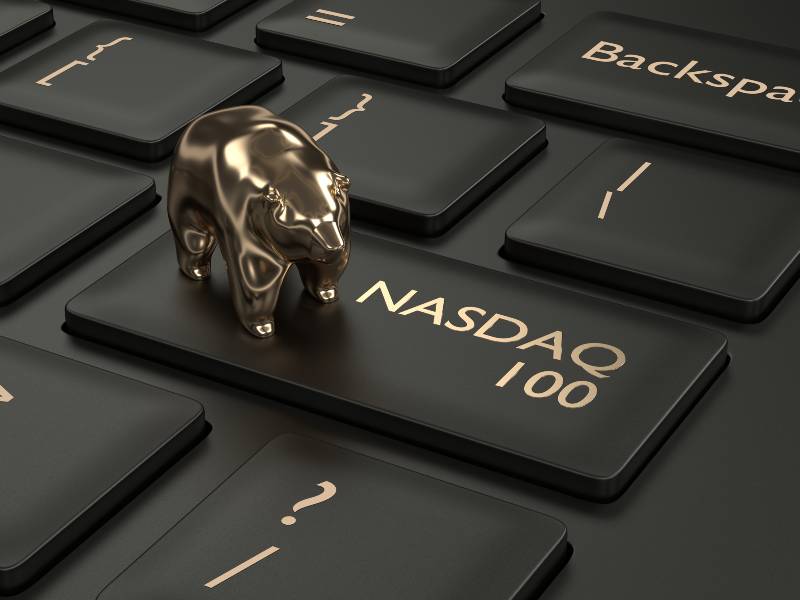 NASDAQ 100 index button and bear | Nasdaq Posts Worst Month In April, Other Indices Also Fell 