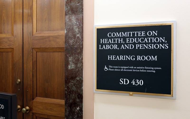 A sign at the entrance to a Senate Health, Education, Labor, and Pensions Committee room | Hot Mic