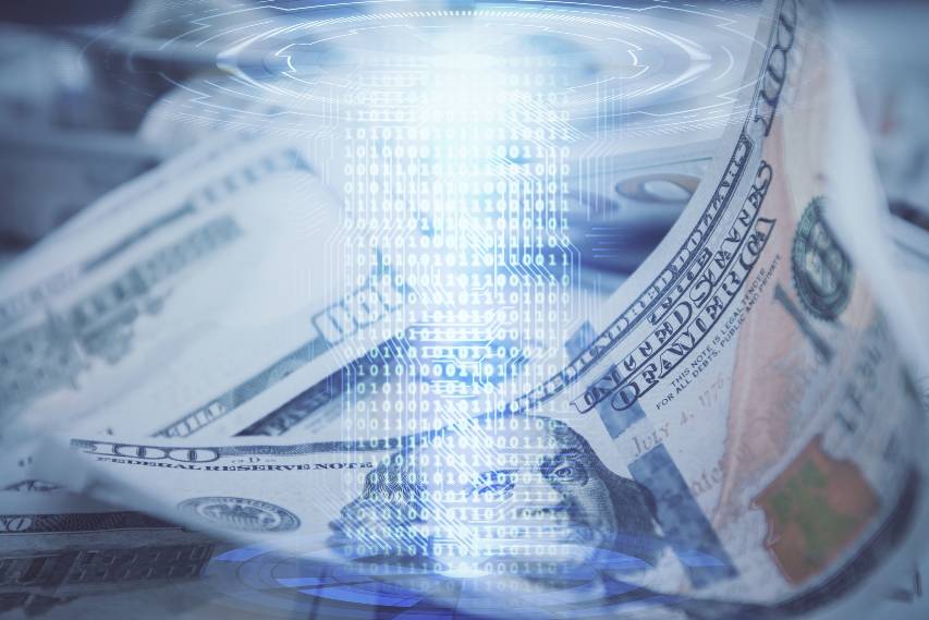 Double exposure of data theme drawing over us dollars bill background | US Considering Adopting a Digital Dollar