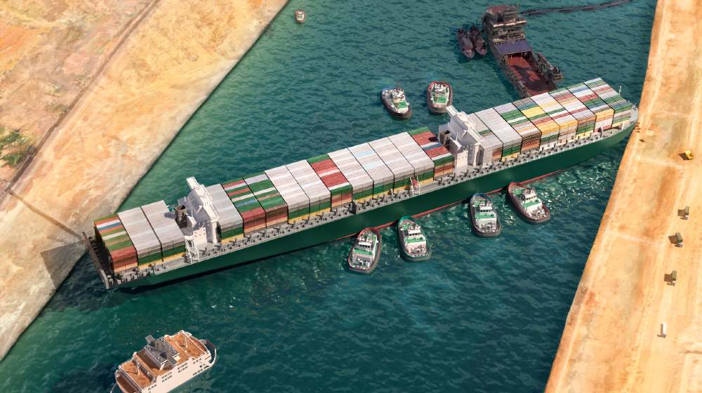Ever given has been freed in Suez Canal. Effort to refloat vast wedged container cargo ship by tug boats, dredger-Evergreen Stock | Evergreen Stock Up 28% After Their Ship Blocked Suez Canal | Featured