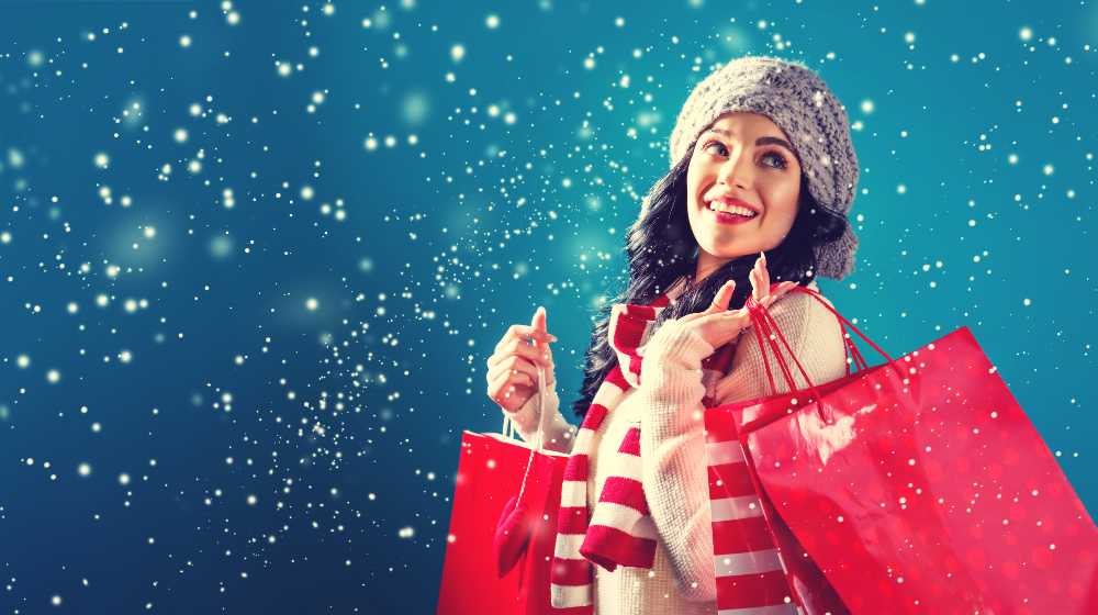 Happy young woman holding shopping bags in a snowy night | Despite Omicron, US Holiday Sales up by 8.5% This Year vs Last Year | featured
