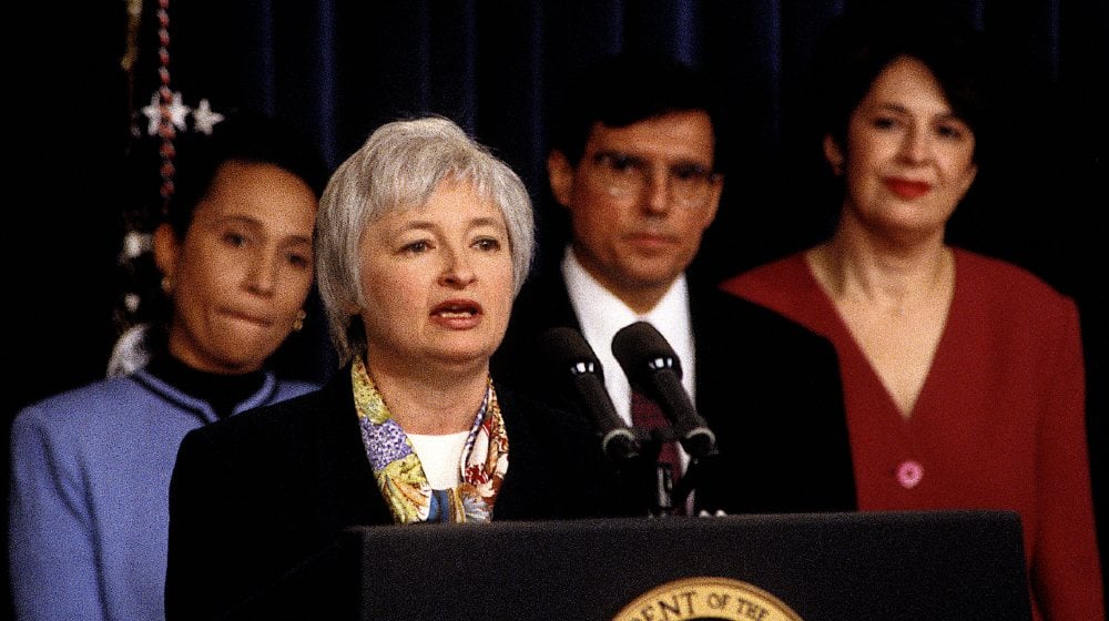 Janet Yellen makes brief remarks after being named as President William Clinton's nominee to chair the council of econmic advisors-Biden Nominates Janet Yellen-ss-featured