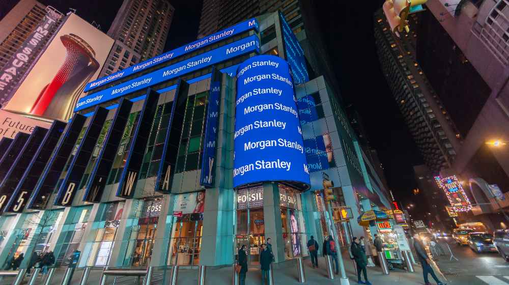 Morgan Stanley engages in self-promotion on the digital display on their building in New York | MS CEO James Gorman Wants Fed to Hike Interest Rates Soon | featured