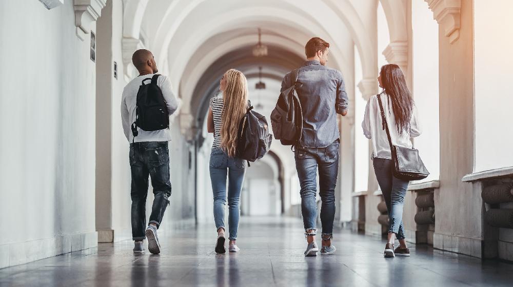 Multiracial students are walking in university hall during break and communicating | students have decided to pursue a tech career since the pandemic | featured