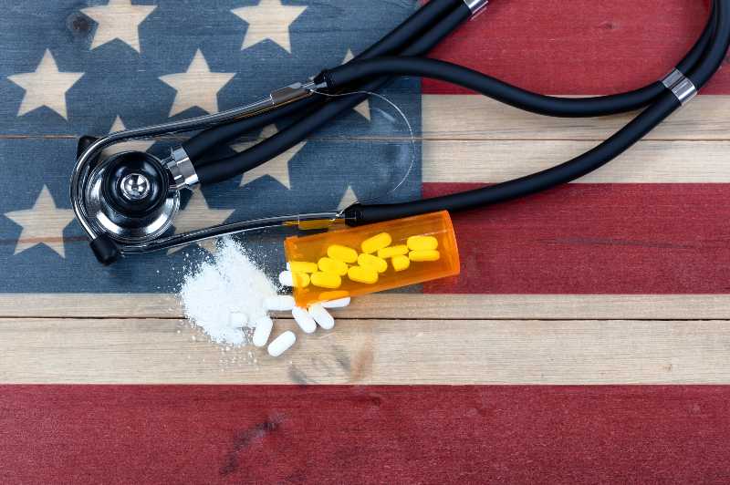 Overhead view of prescription for generic opioid with crushed or whole pain killer tablets-Opioid Crisis