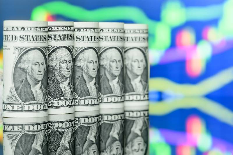 US USD one dollar banknotes with a technical analysis chart of financial instruments | US Stocks Retreat