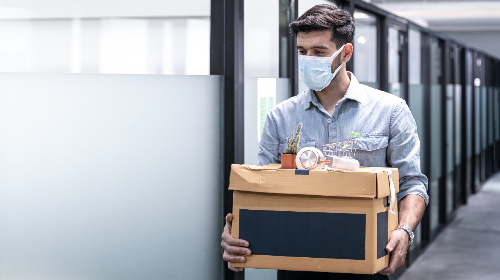 Virus Covid 19 crisis business due to outbreak of Coronavirus Disease 2019 or COVID-19, Unemployed man leaves of workplace, Dismissal from work-US Jobless Claims-ss-featured