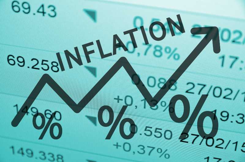 Word Inflation on up trend arrow, with financial data | Inflation Continues To Explode