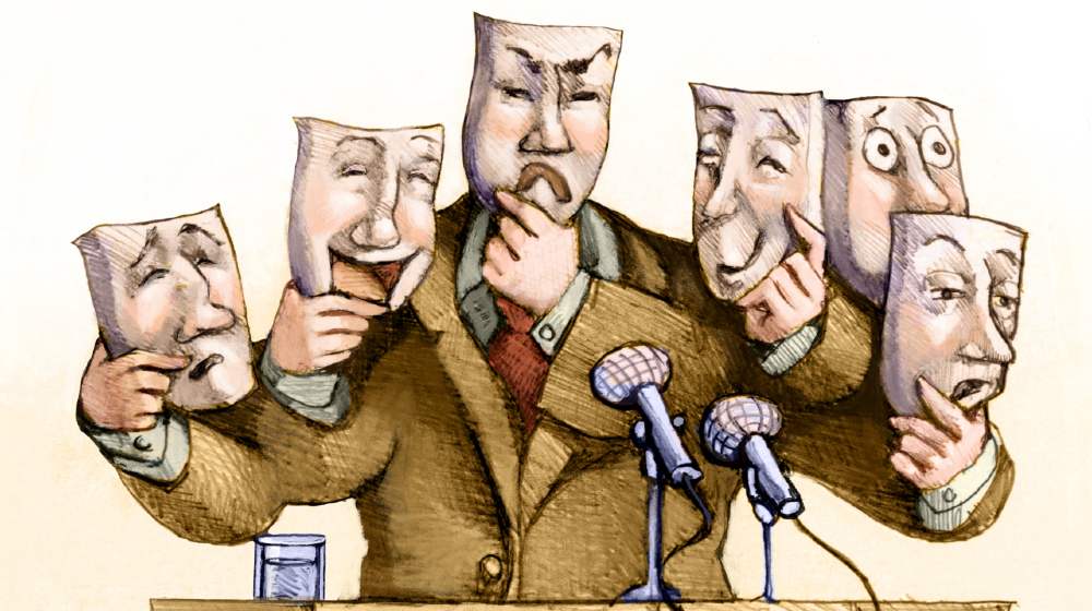 a politician speaks to the public with a set of masks | 5 Examples When Political Hypocrisy Harms America | featured